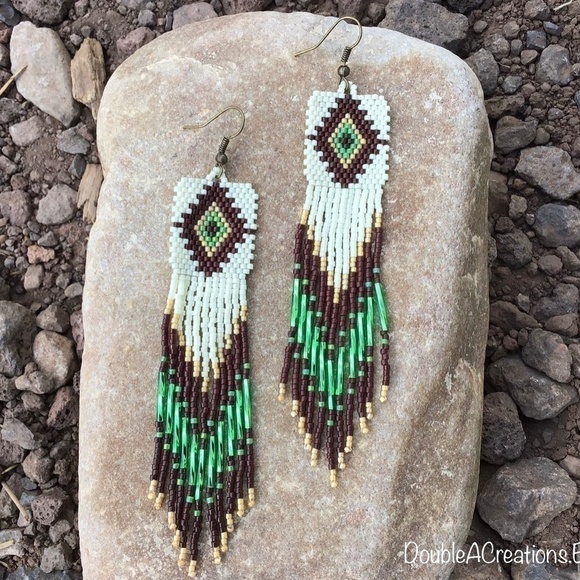 Native Diamond Beaded Earrings with Long Fringe, New, Handmade by Me - Picture 3 of 8